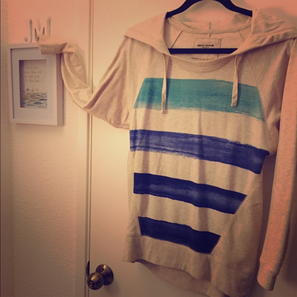 DKNY hoodie sweater cream w/ blue teal stripes